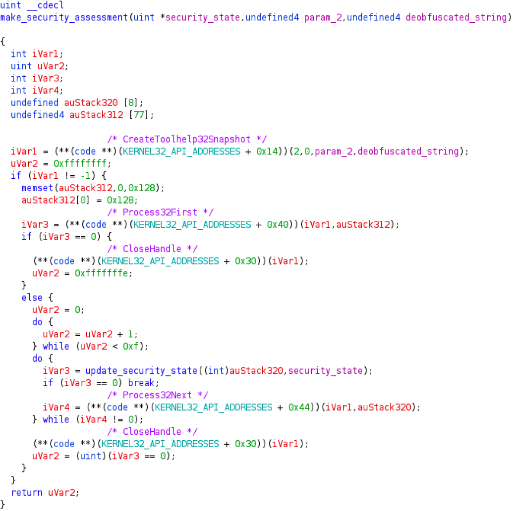 Process enumeration function to update the security state of the system