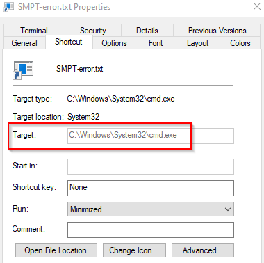 SMPT-error.txt.lnk targets the command prompt executable