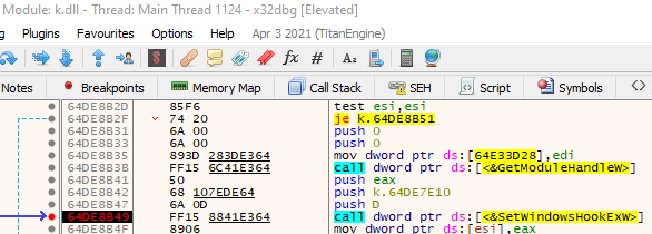 k.dll registers a keyboard hook to collect key strokes