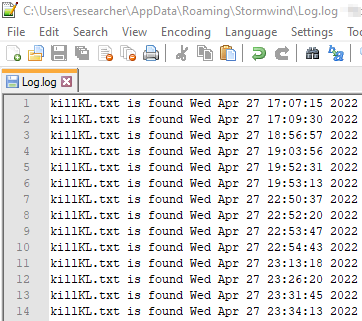 k.dll may store a log of its runs on the infected system