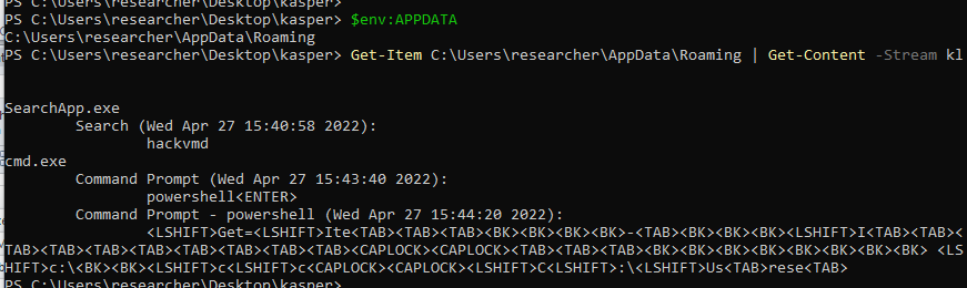 k.dll logs the key strokes in a NTFS alternate data stream of %APPDATA%